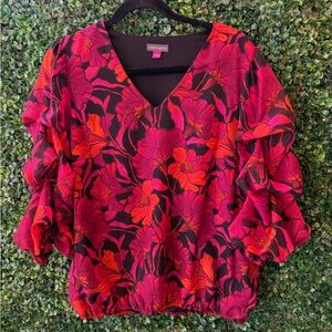 Vince Camuto Red and Pink Floral Ruffle Blouse